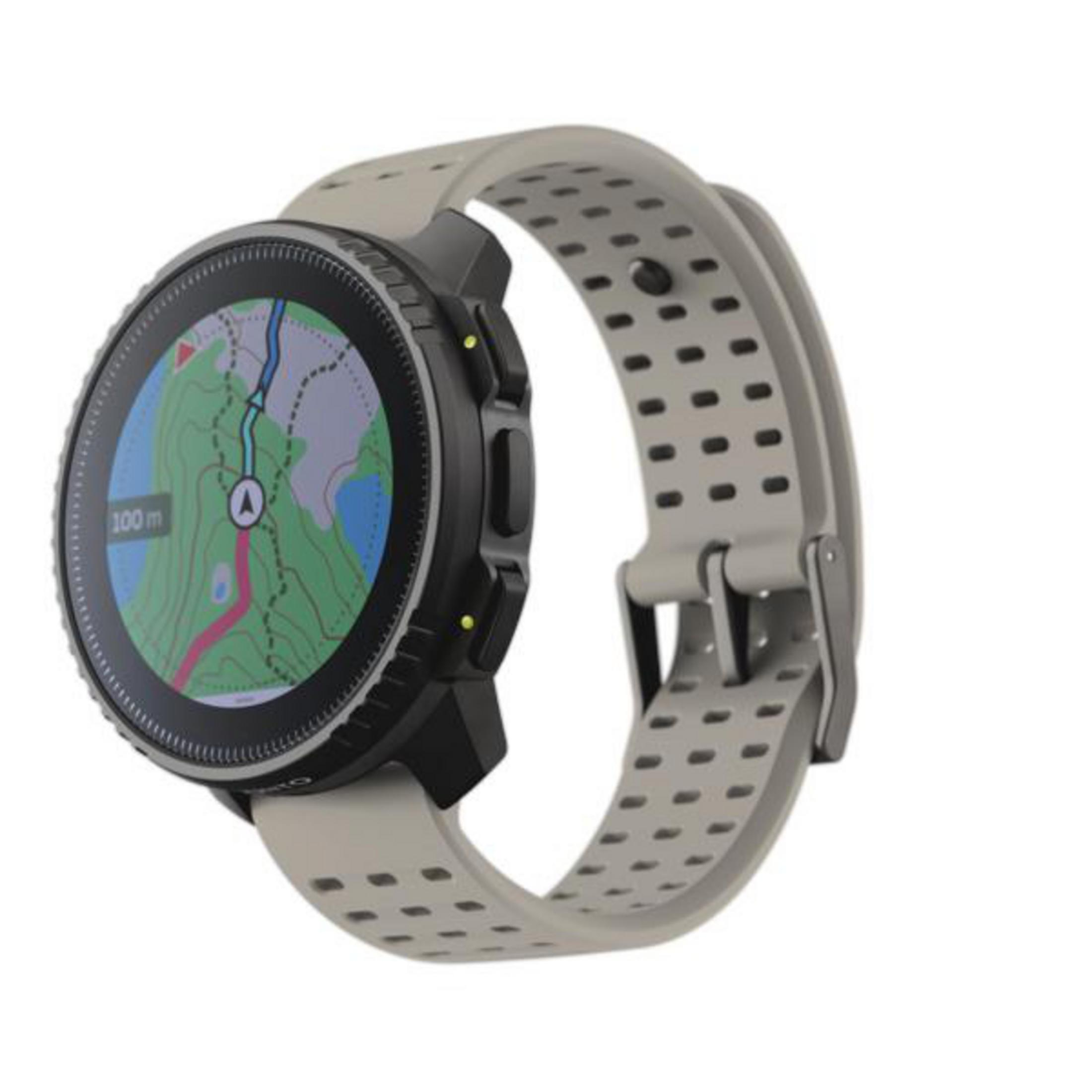 Szary smartwatch wyświetla mapę z trasą, z jasnoszarym paskiem, na białym tle.
