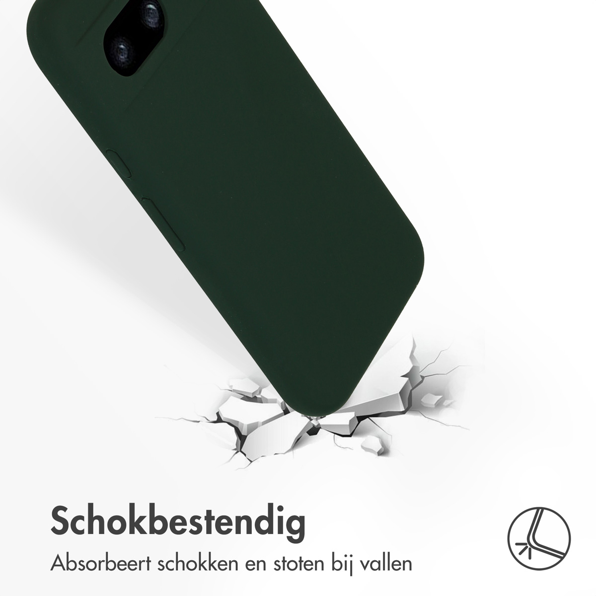 Een donkergroene telefoonhoes stoot op een wit oppervlak, waardoor het barst. Tekst zegt 'Schokbestendig' en 'Absorbeert schokken'.