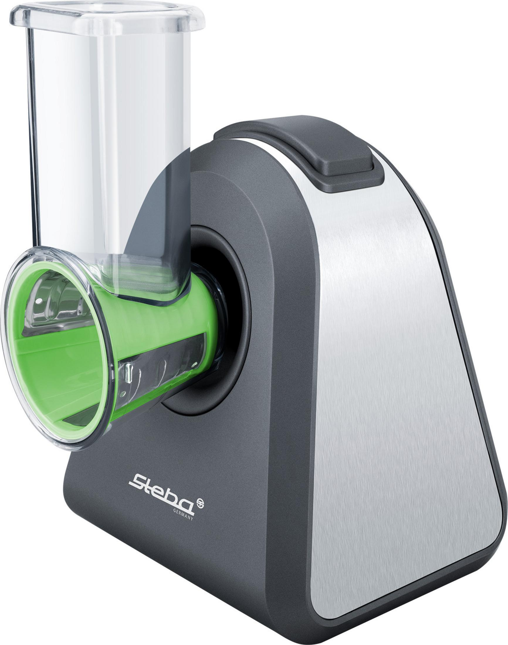 Affettatrice elettrica per verdure con corpo grigio e argento, lama verde e contenitore trasparente.