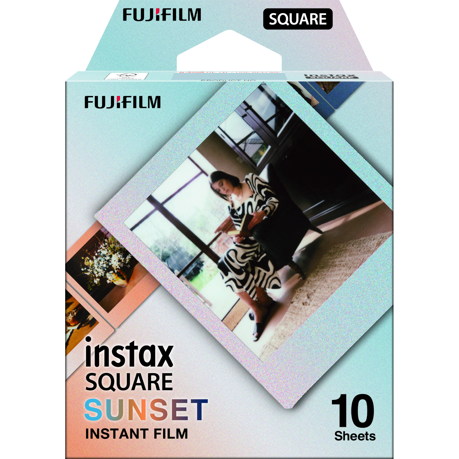Box of Instax Square Sunset instant film. Shows photos inside a frame, and a woman in a dress.