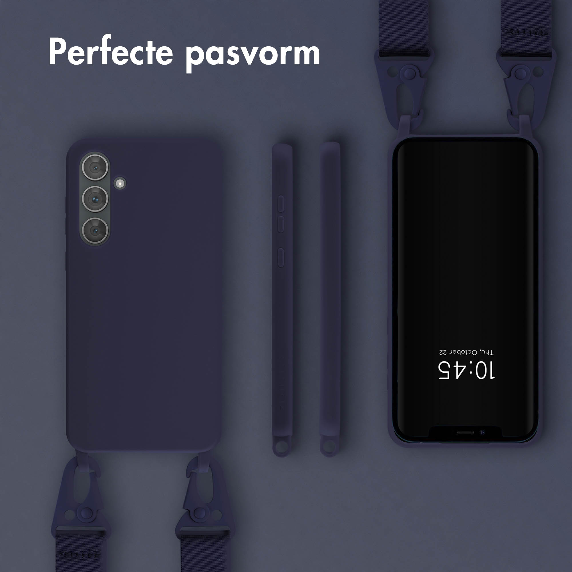Une coque de téléphone violette avec une sangle. Le téléphone affiche une horloge sur l'écran et est connecté à la sangle.