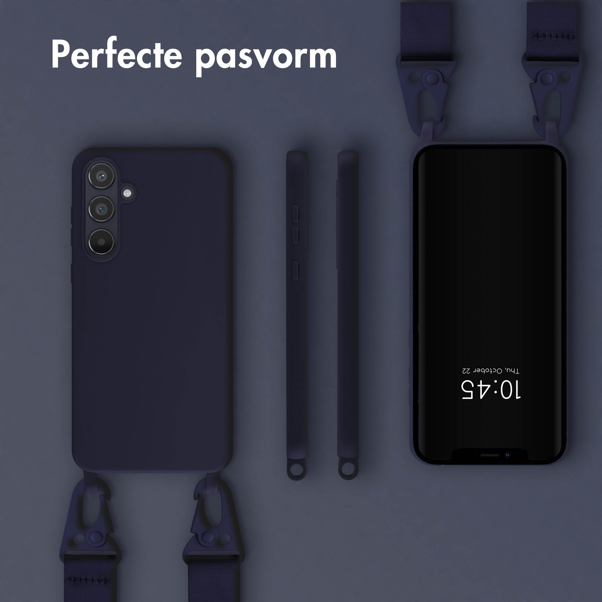 Telefoon met een donkerblauwe hoes. Telefoon en hoes met bandjes. Telefoon toont tijd en datum.