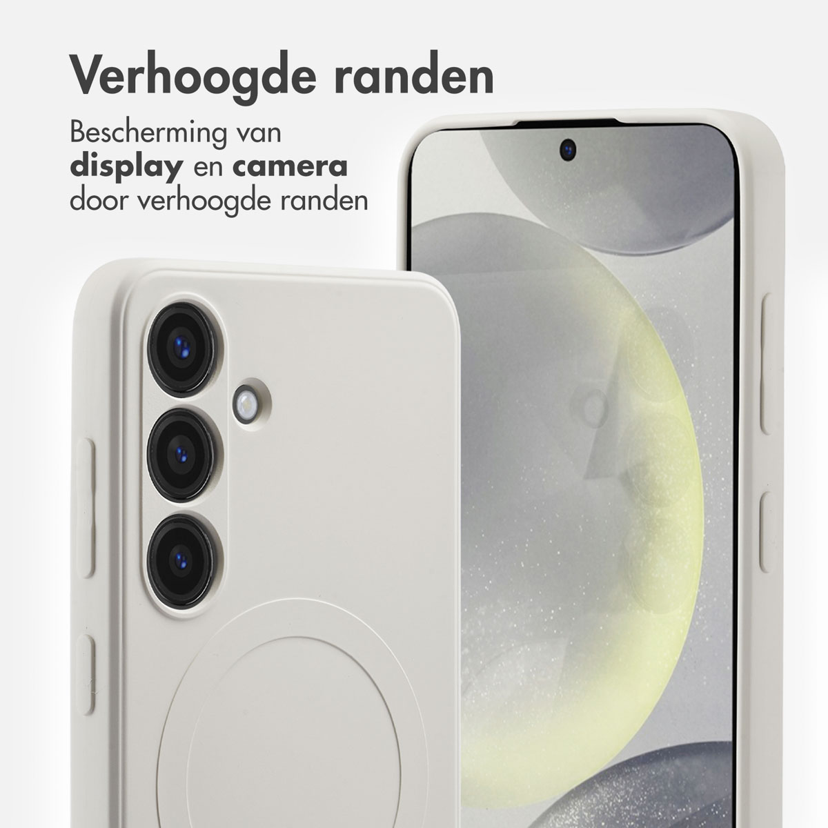 Witte telefoonhoes op een telefoon, de hoes heeft een witte ring. De telefoon wordt weergegeven.