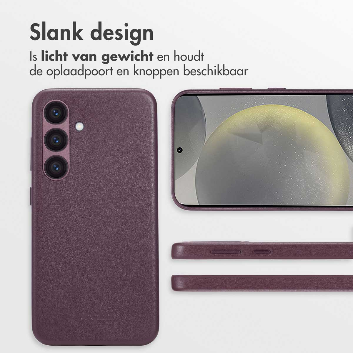 Pruimkleurige telefoonhoes met een telefoon erin. De hoes is open en toont de telefoon.