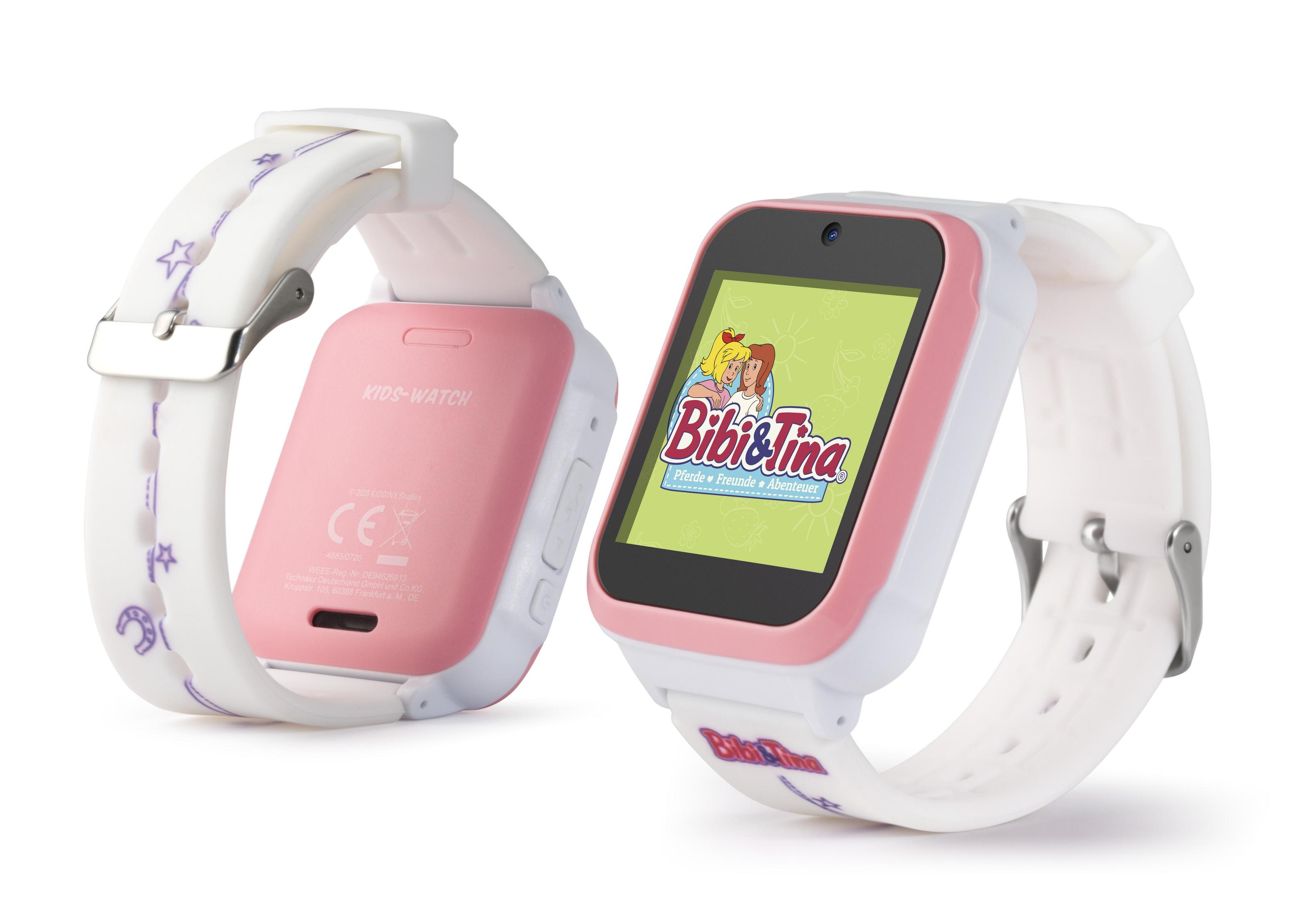 Zwei Kinder-Smartwatches. Rosa und weiß. Die Bildschirme zeigen einen Cartoon mit Text.