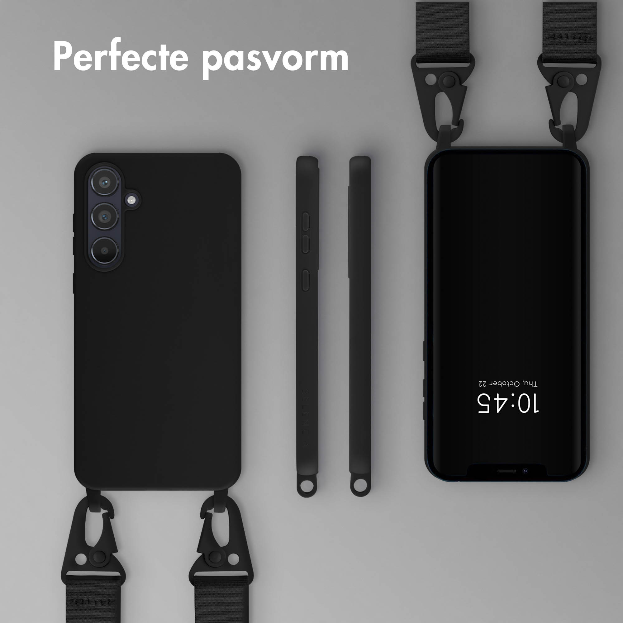 Een zwarte telefoon en hoesje met bandjes. De telefoon toont de tijd. De hoes heeft een sleuf voor de telefoon.