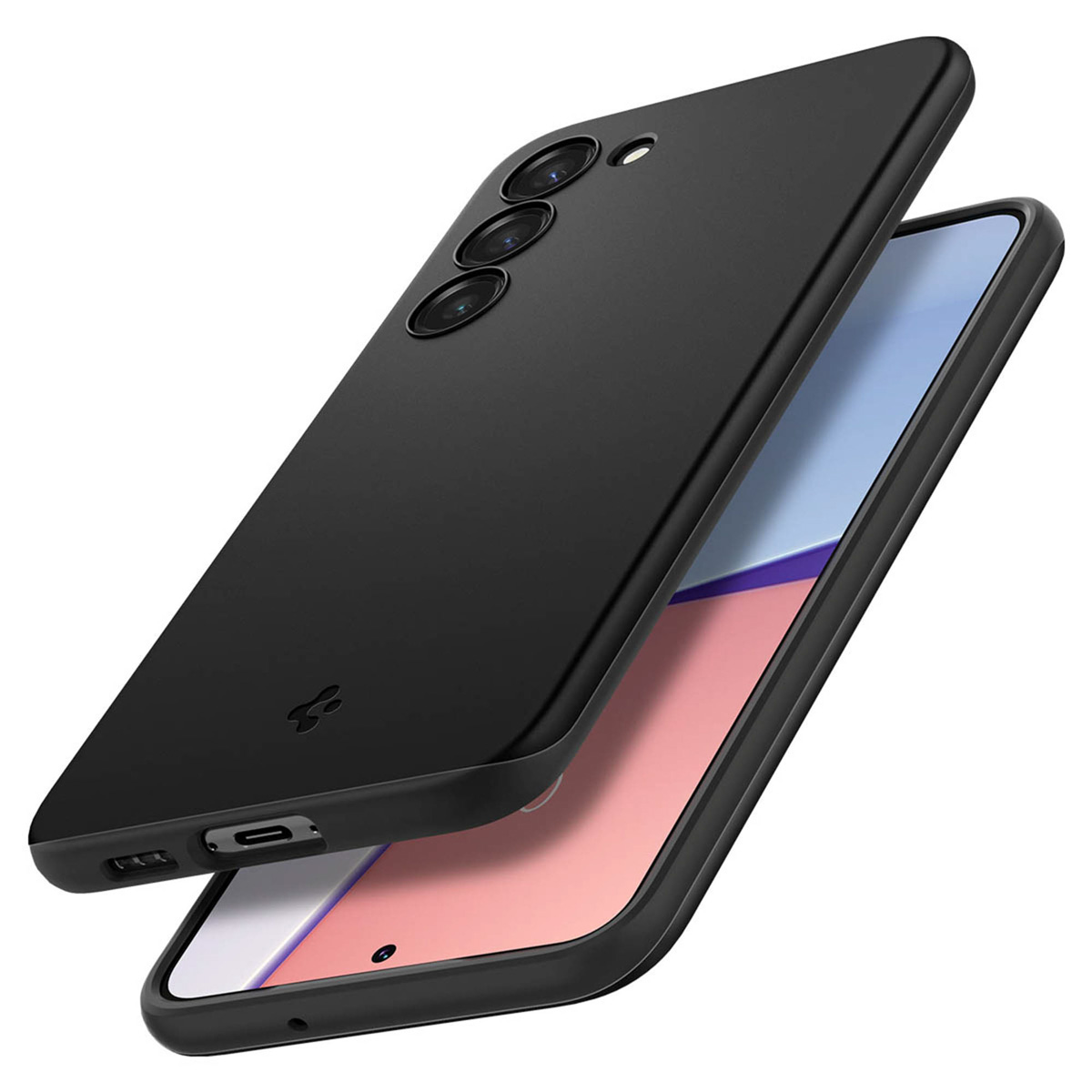 Telefono nero in una custodia nera. Il telefono e la custodia sono angolati. Mostra la parte inferiore del telefono e il modulo fotocamera.