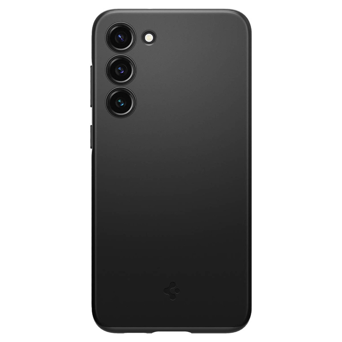 Custodia per telefono nera, vista posteriore, tre obiettivi della fotocamera.