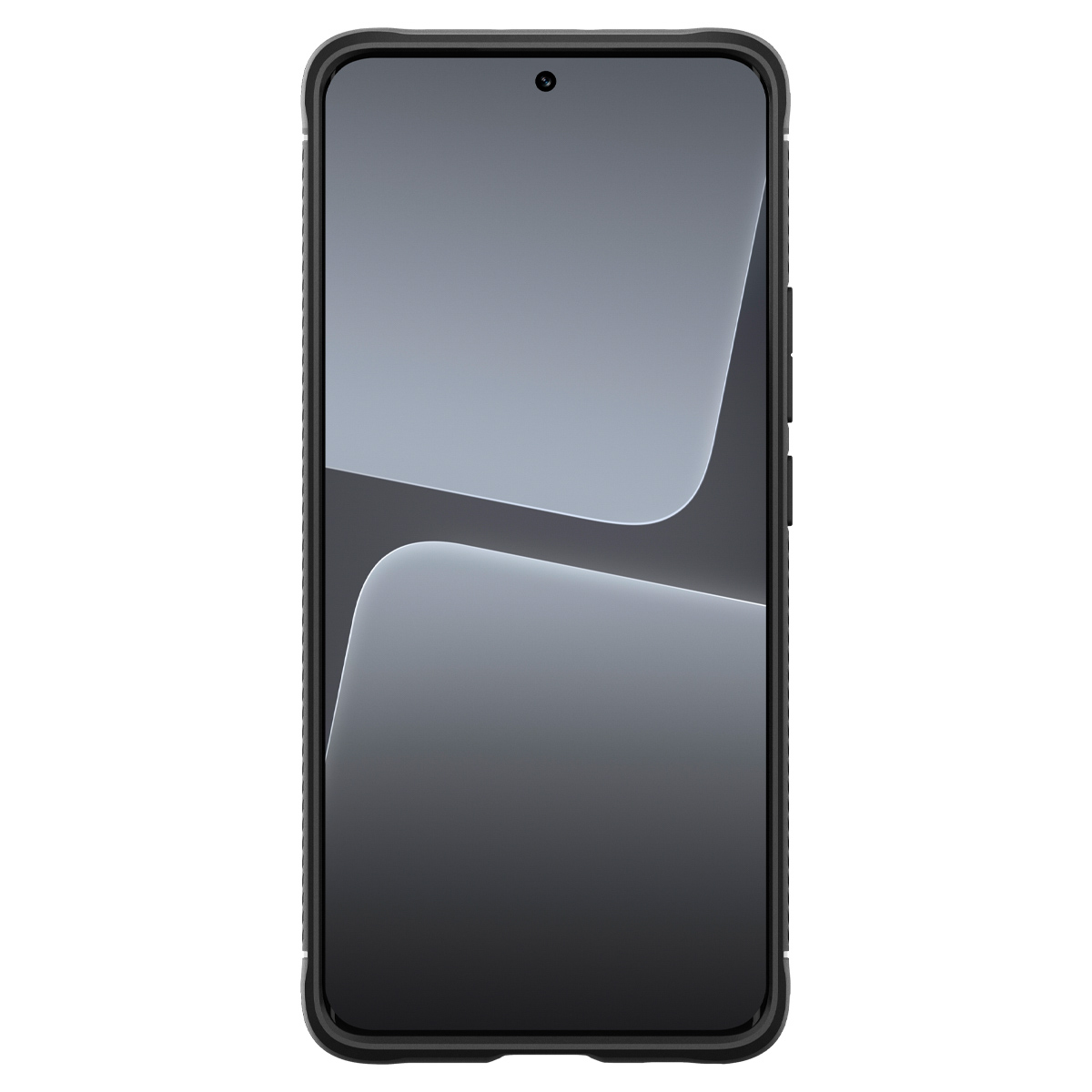 Telefono nero all'interno di una custodia protettiva nera, lo schermo mostra un design astratto.