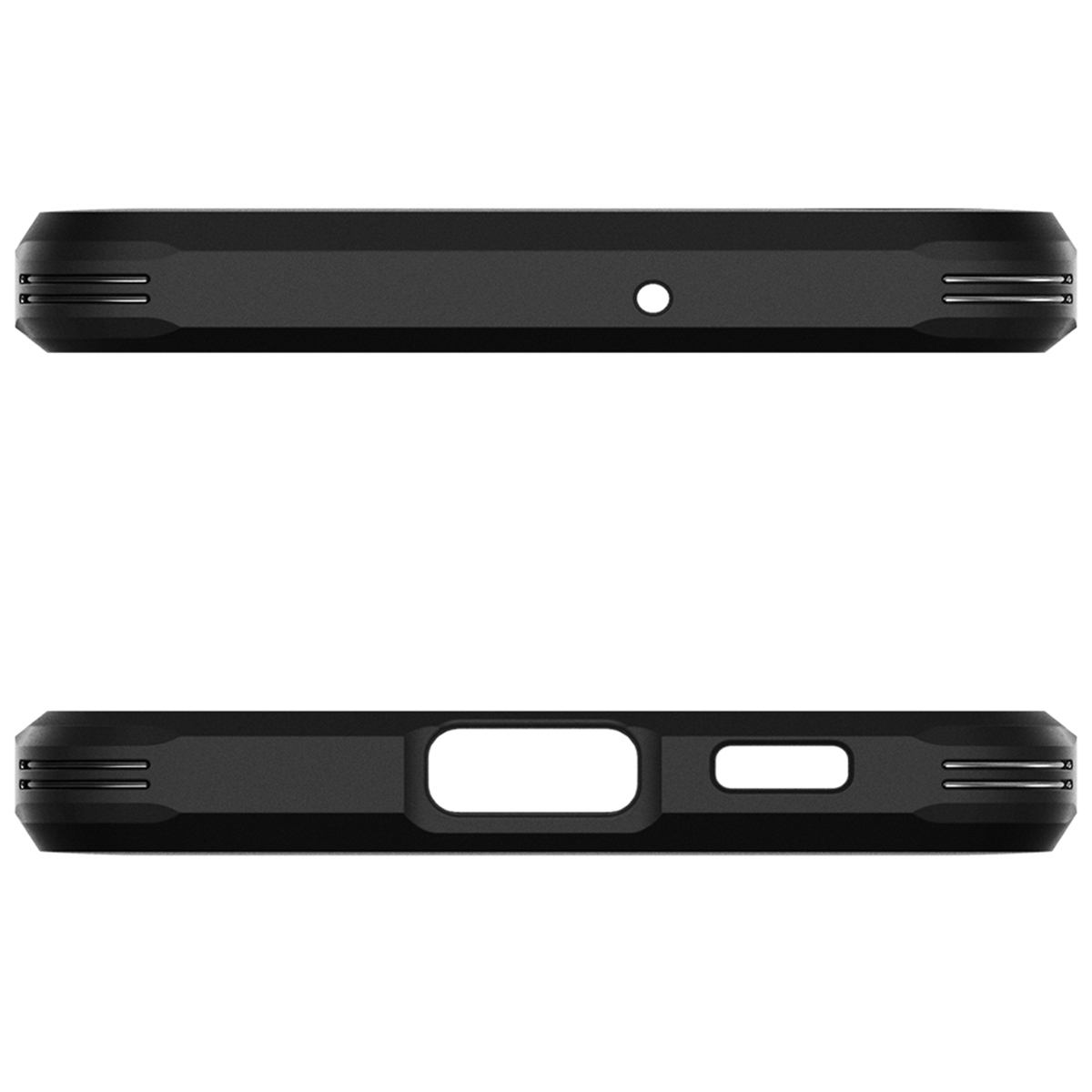 Vista inferiore di una custodia per telefono. Colore nero. Ritagli per le porte. Lati angolati.