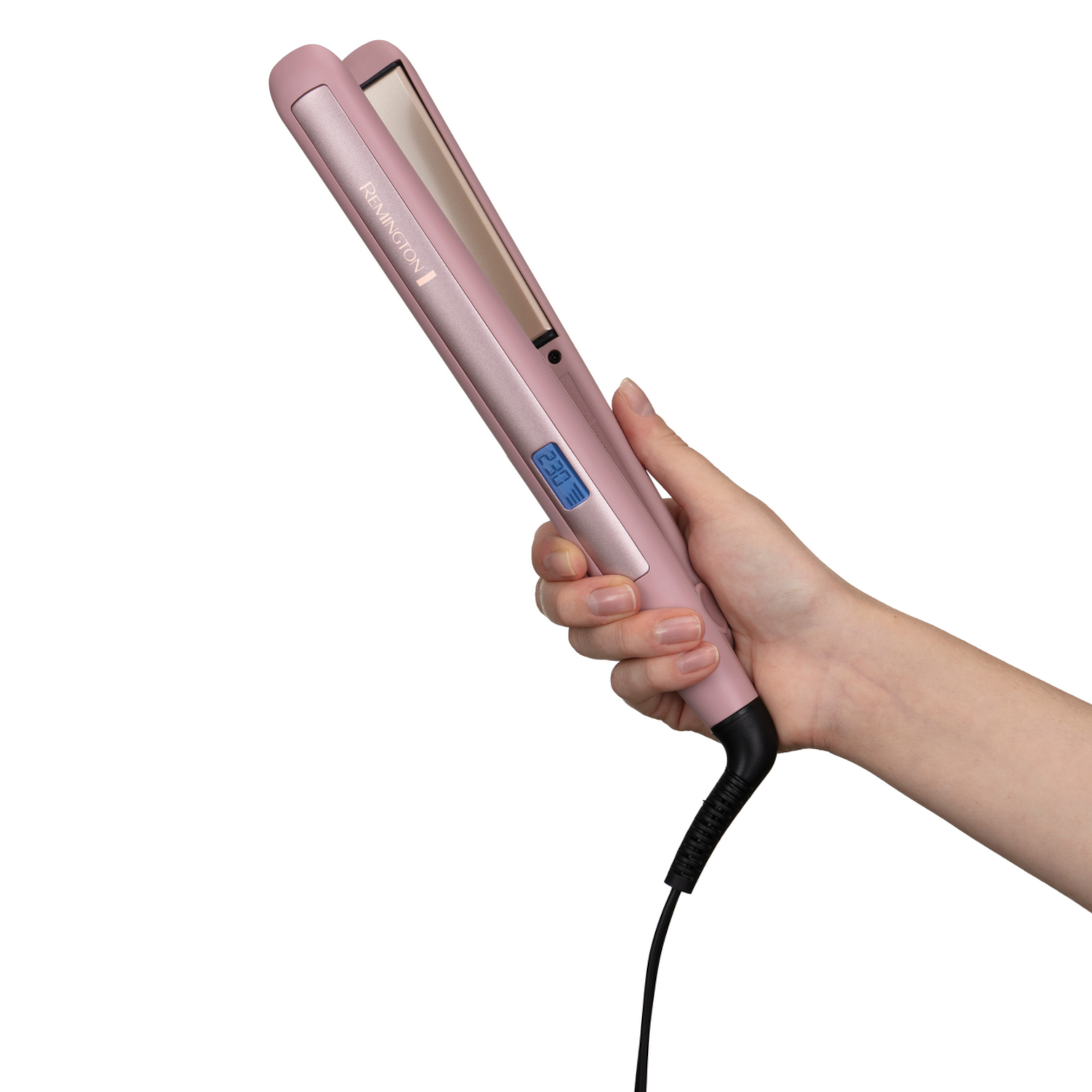Roze stijltang in de hand, witte achtergrond.