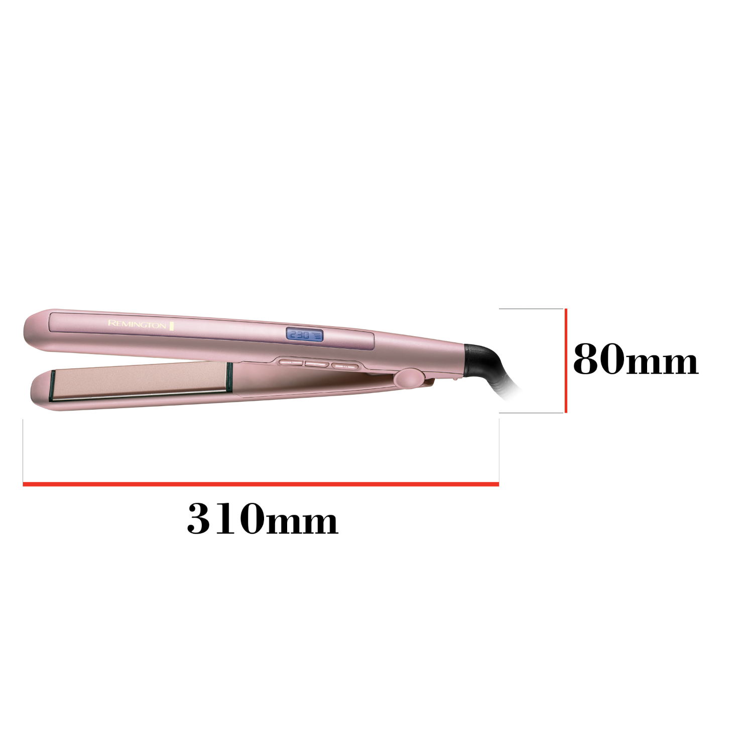 Een roségouden stijltang met digitale display, 310mm lang en 80mm breed, op wit.