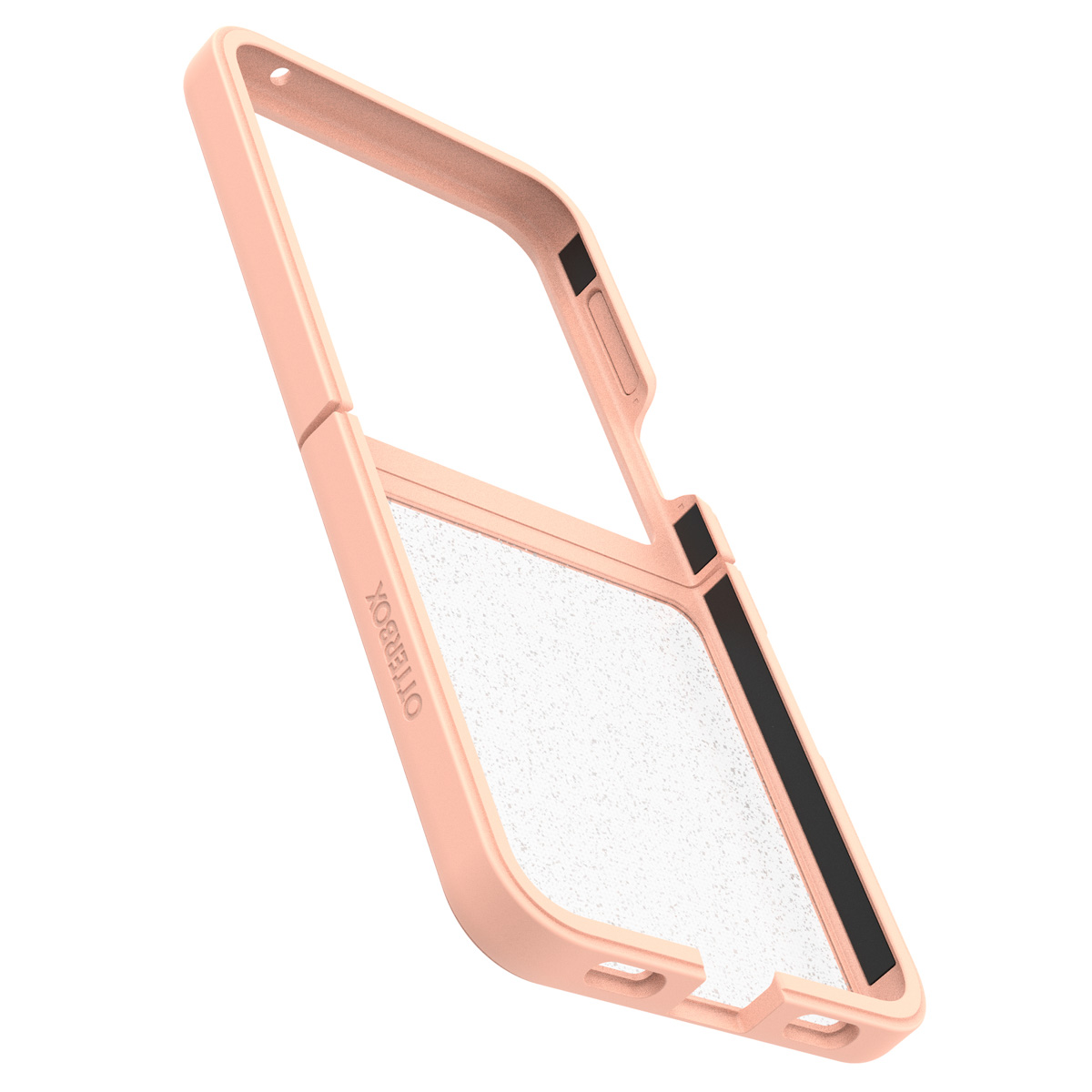 Custodia rosa, aperta. Interno bianco testurizzato. Logo Otterbox sul lato.