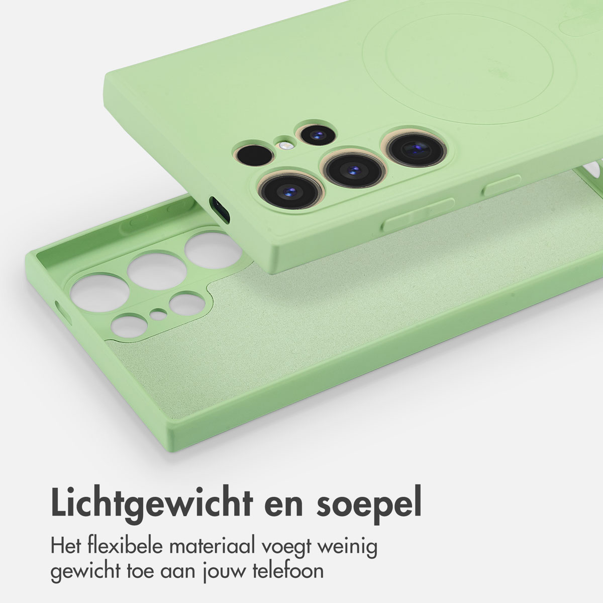 Een lichtgroene telefoonhoes. De telefoonhoes wordt in twee delen getoond, met een telefoon erin.