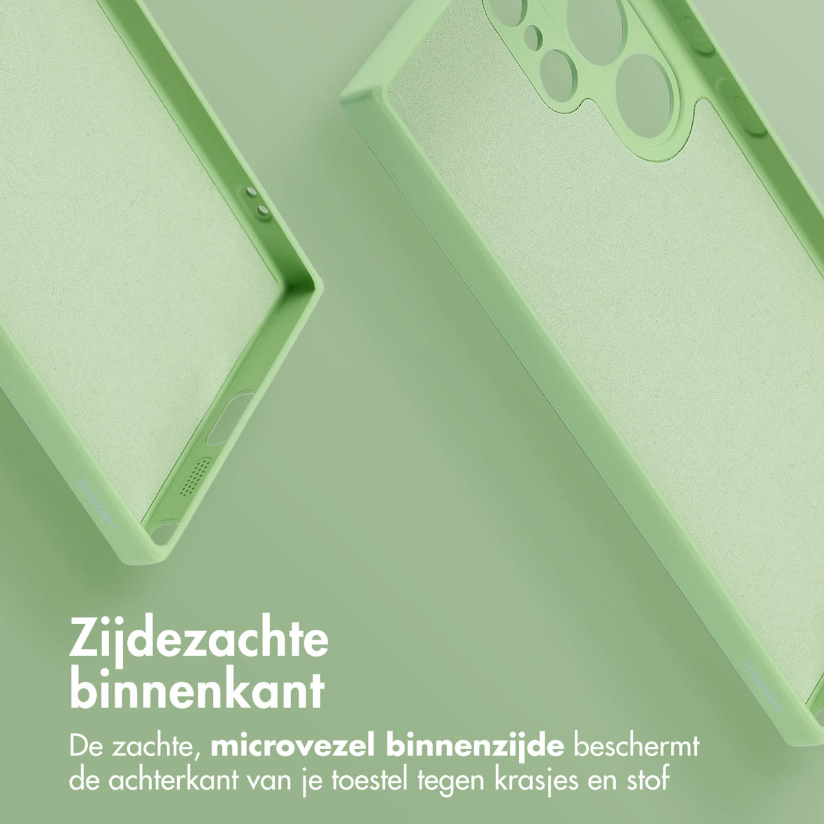 Twee telefoonhoesjes: lichtgroen, zacht interieur, met Nederlandse tekst. Eén toont de binnenkant.