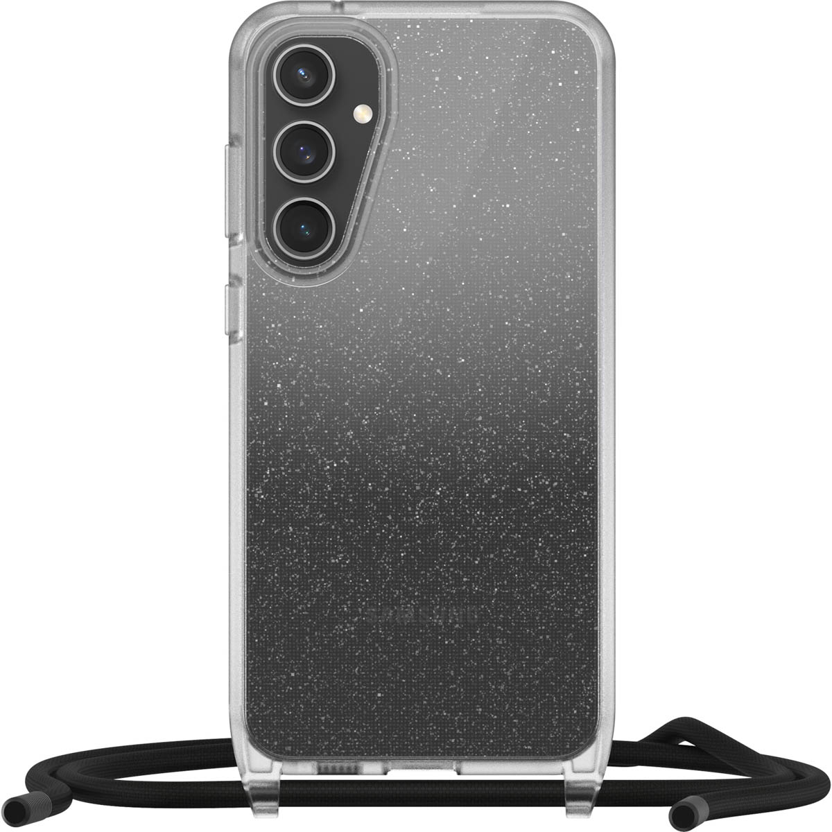 Custodia trasparente con design sfumato nero e grigio. Tre obiettivi fotocamera.