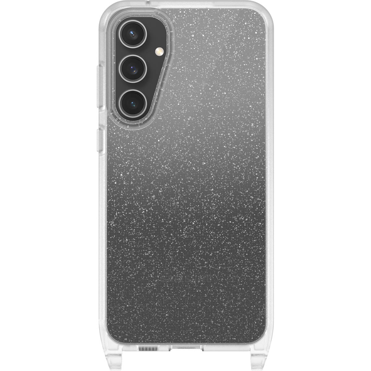 Custodia trasparente con design sfumato nero e grigio. Tre obiettivi fotocamera.