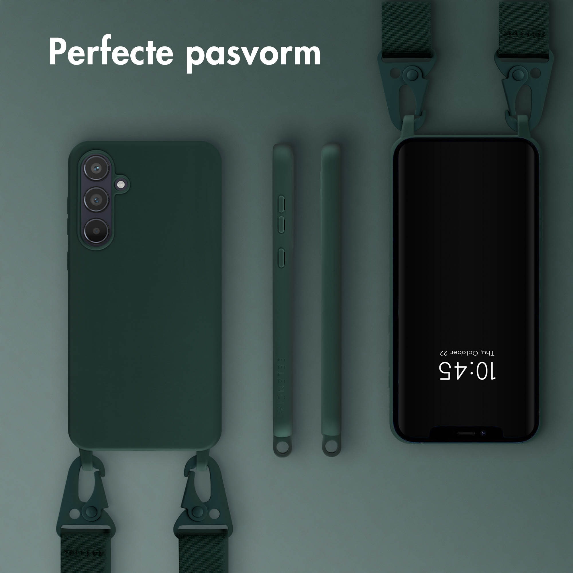 Groene telefoonhoes met band. Telefoon met tijd rechts.