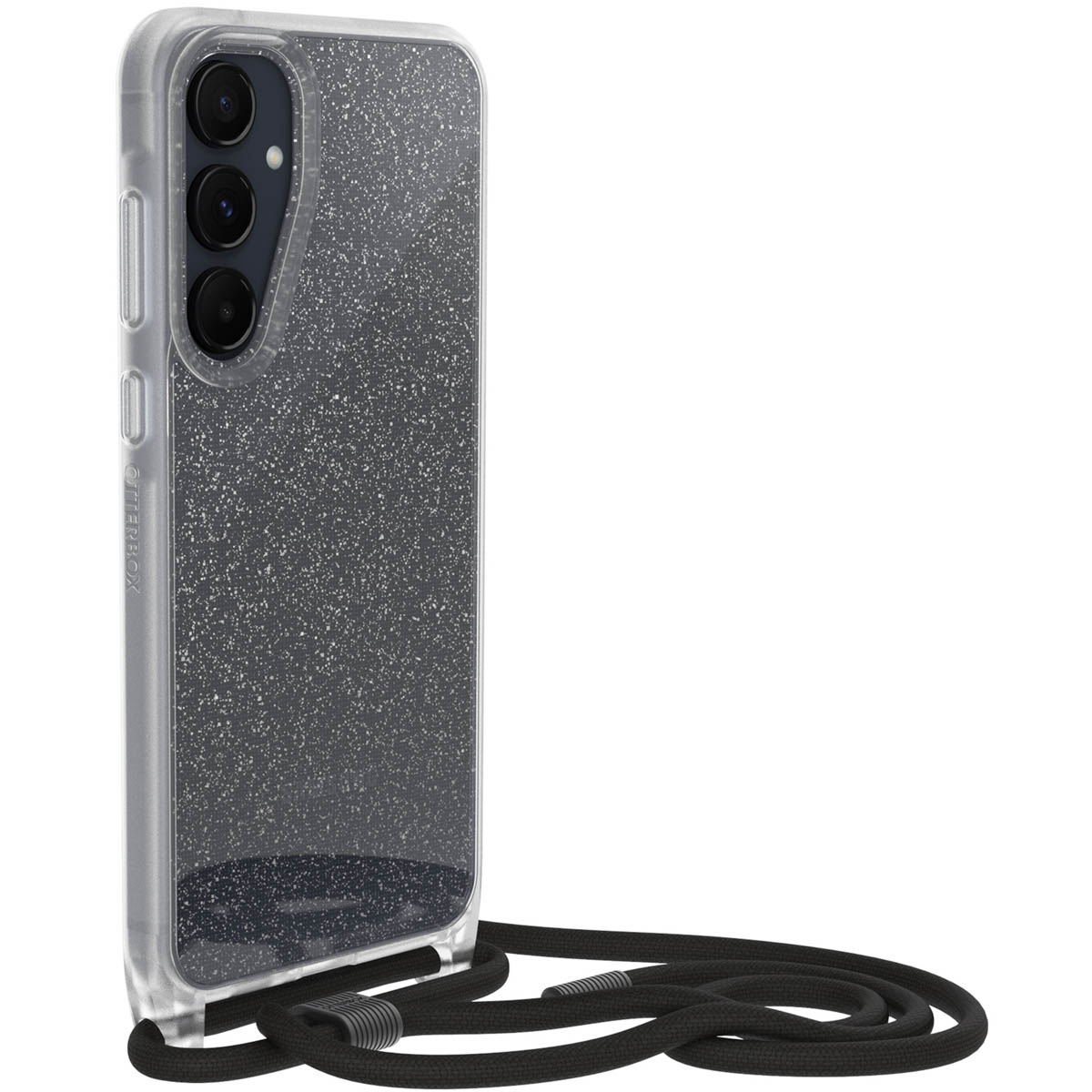 Un telefono in una custodia trasparente con glitter neri e un cordino nero. Il telefono ha tre lenti della fotocamera.