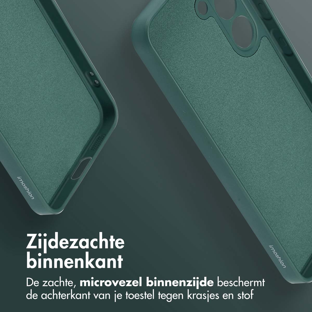 Twee onderdelen van een telefoonhoesje. De binnenkant is blauwgroen. De buitenranden zijn blauwgroen. Beschermt tegen krassen.