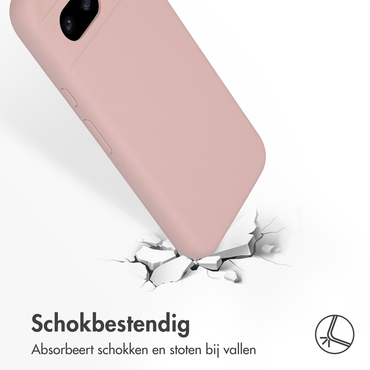 Roze telefoonhoes, vallend, impactscheuren in de grond.