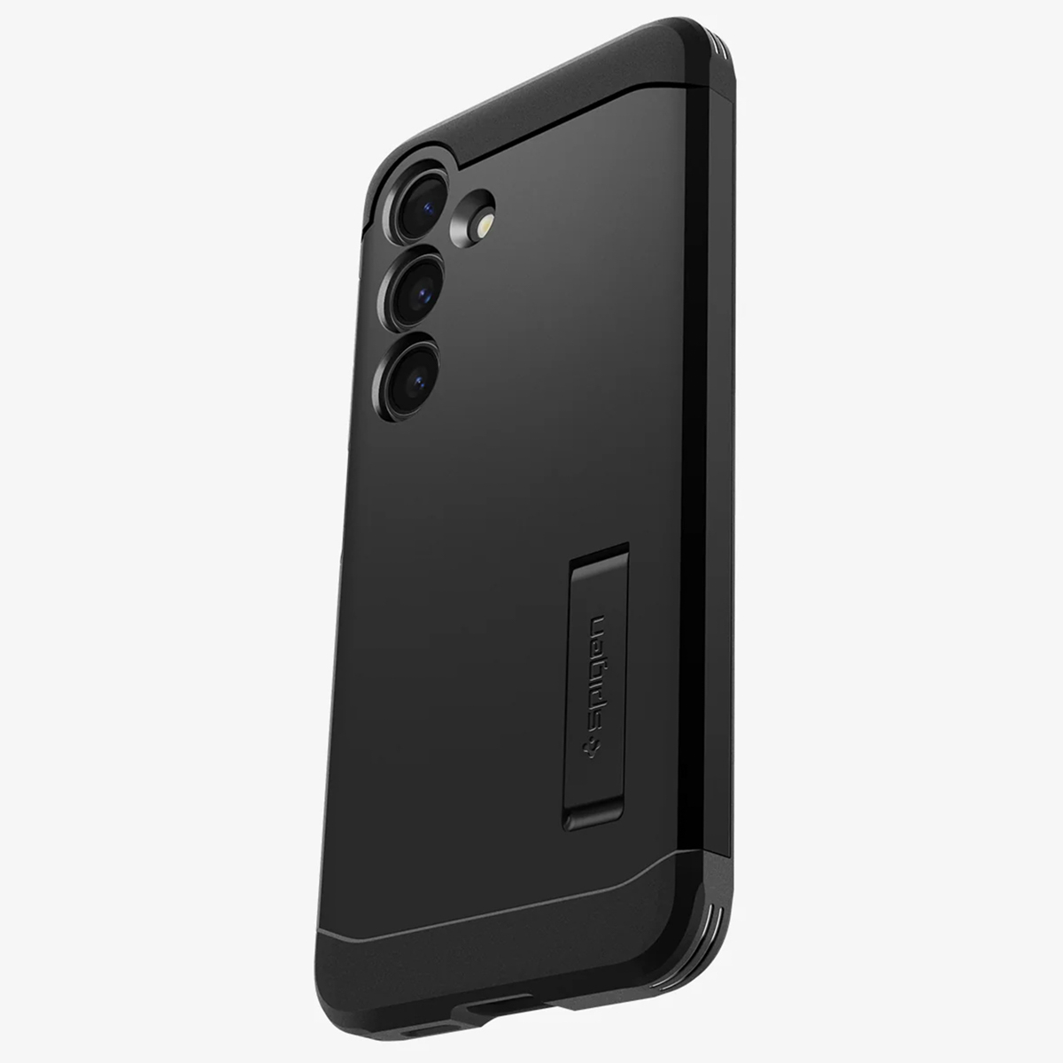 Zwarte telefoonhoes. De case is mat, met een standaard aan de achterkant.