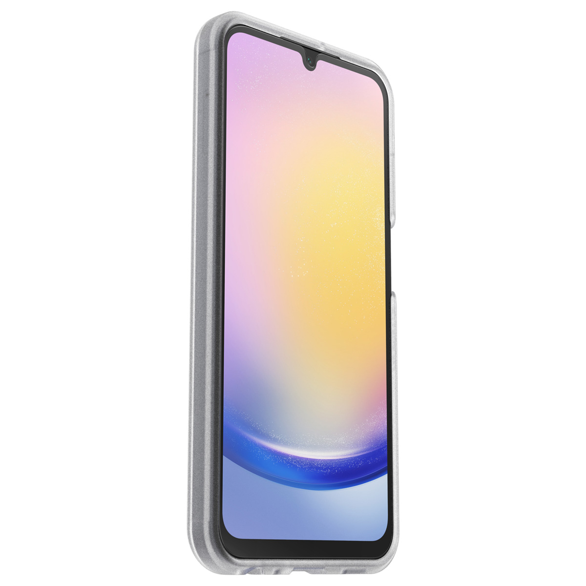 Téléphone dans un étui transparent. L'étui a un cadre transparent avec une bordure argentée.