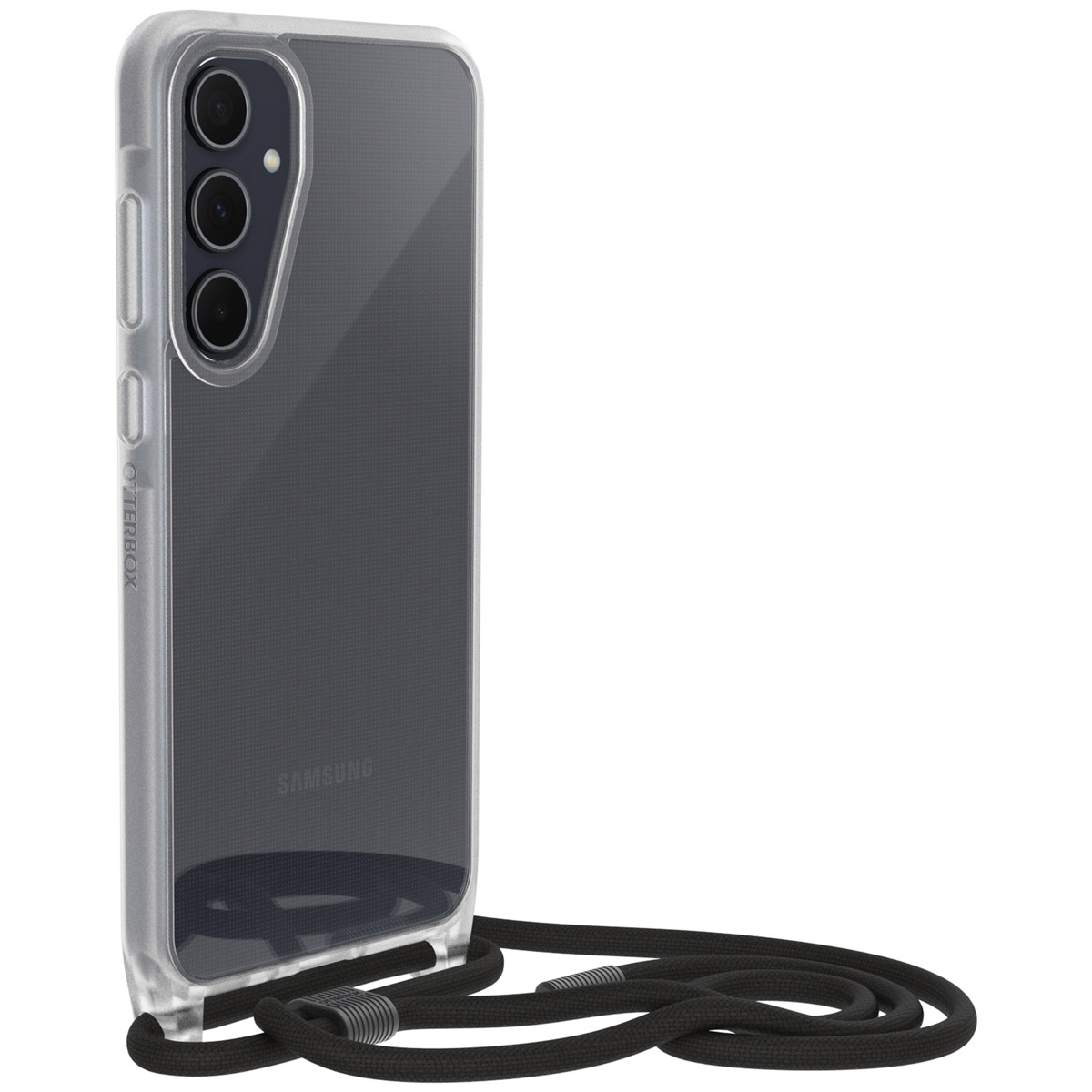 Un telefono con una custodia trasparente e un cordino nero. Il telefono ha tre lenti della fotocamera. Lo sfondo è bianco.