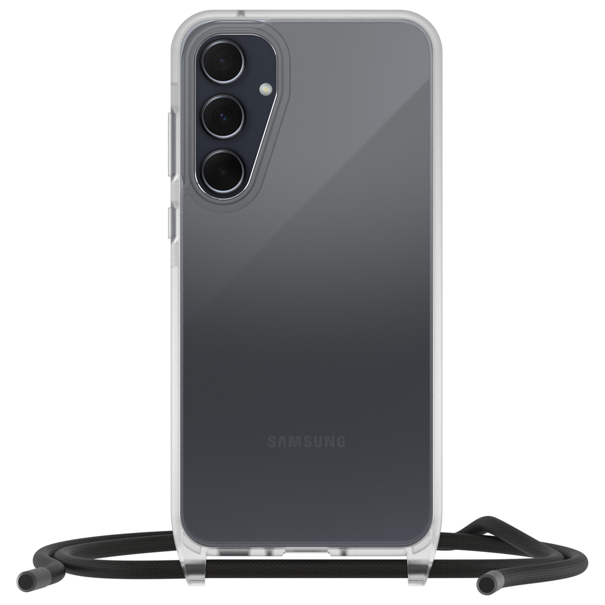 Un telefono in una custodia trasparente con un cordino nero. Il telefono ha tre fotocamere.