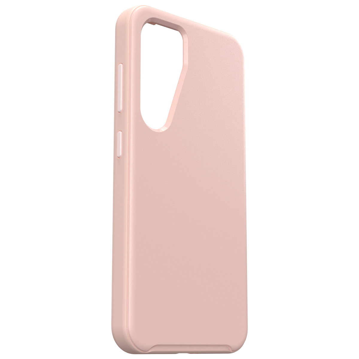 Custodia rosa per telefono. Mostra il lato e il retro della custodia. La custodia ha copri pulsanti e un'apertura per la fotocamera.