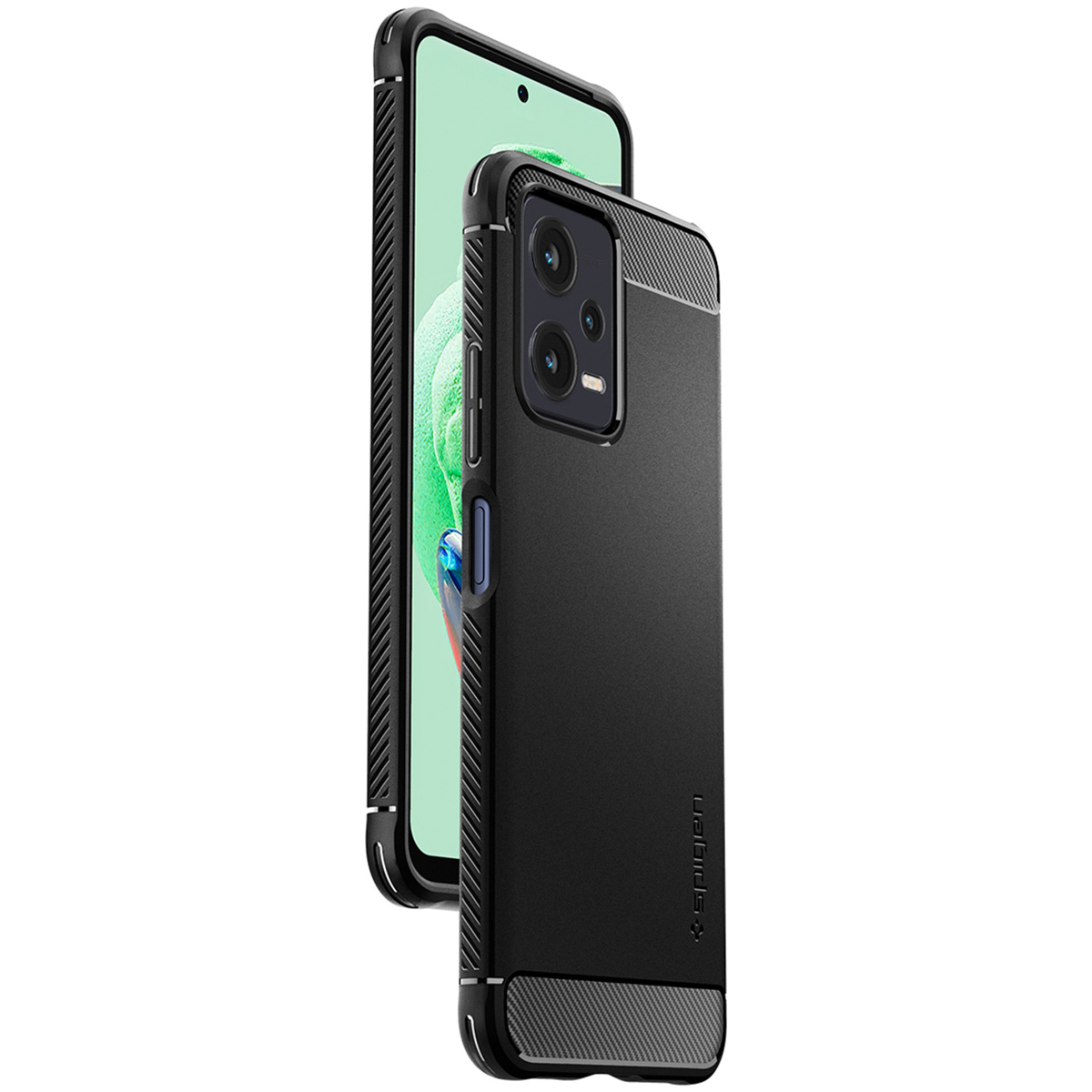 Czarny telefon z czarnym etui jest ustawiony na białej powierzchni. Etui ma teksturowany wzór.
