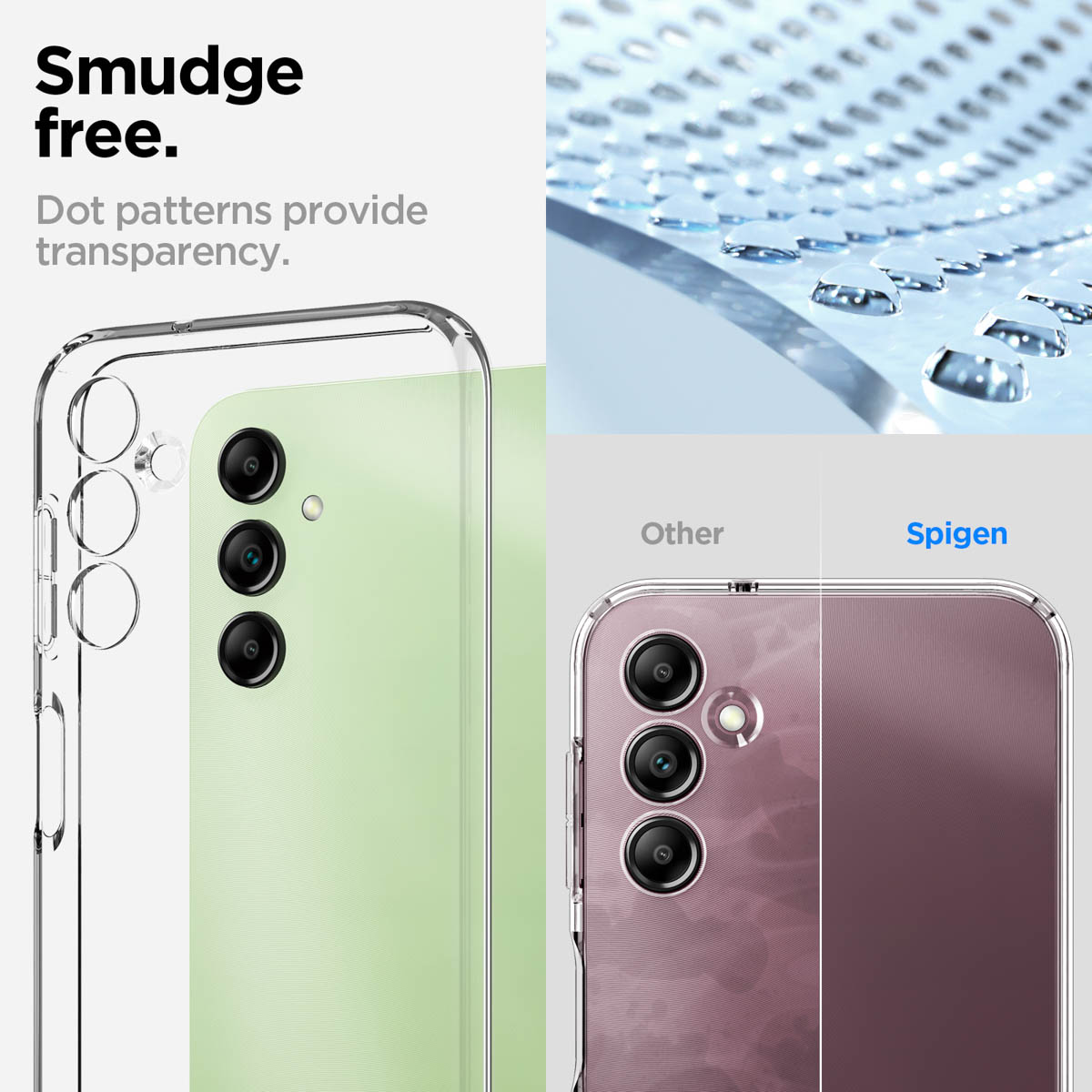 Due custodie per telefono, una trasparente, una viola, con punti e ritagli per fotocamera, sfondo bianco.