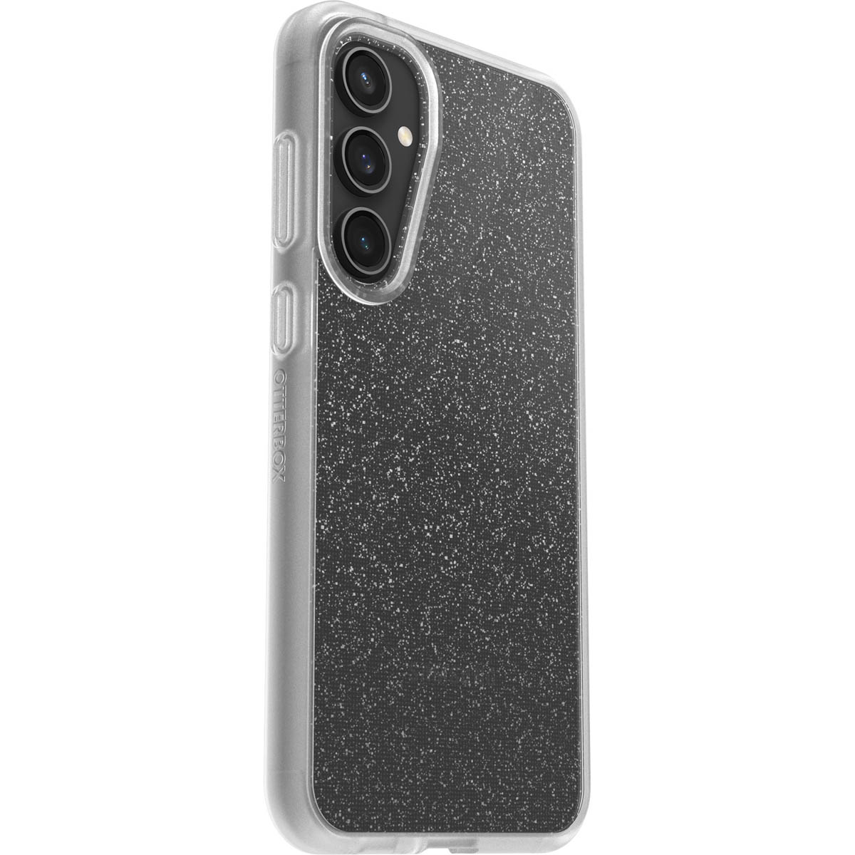 Custodia per telefono, cornice trasparente, retro glitter argento. Tre obiettivi della fotocamera visibili.