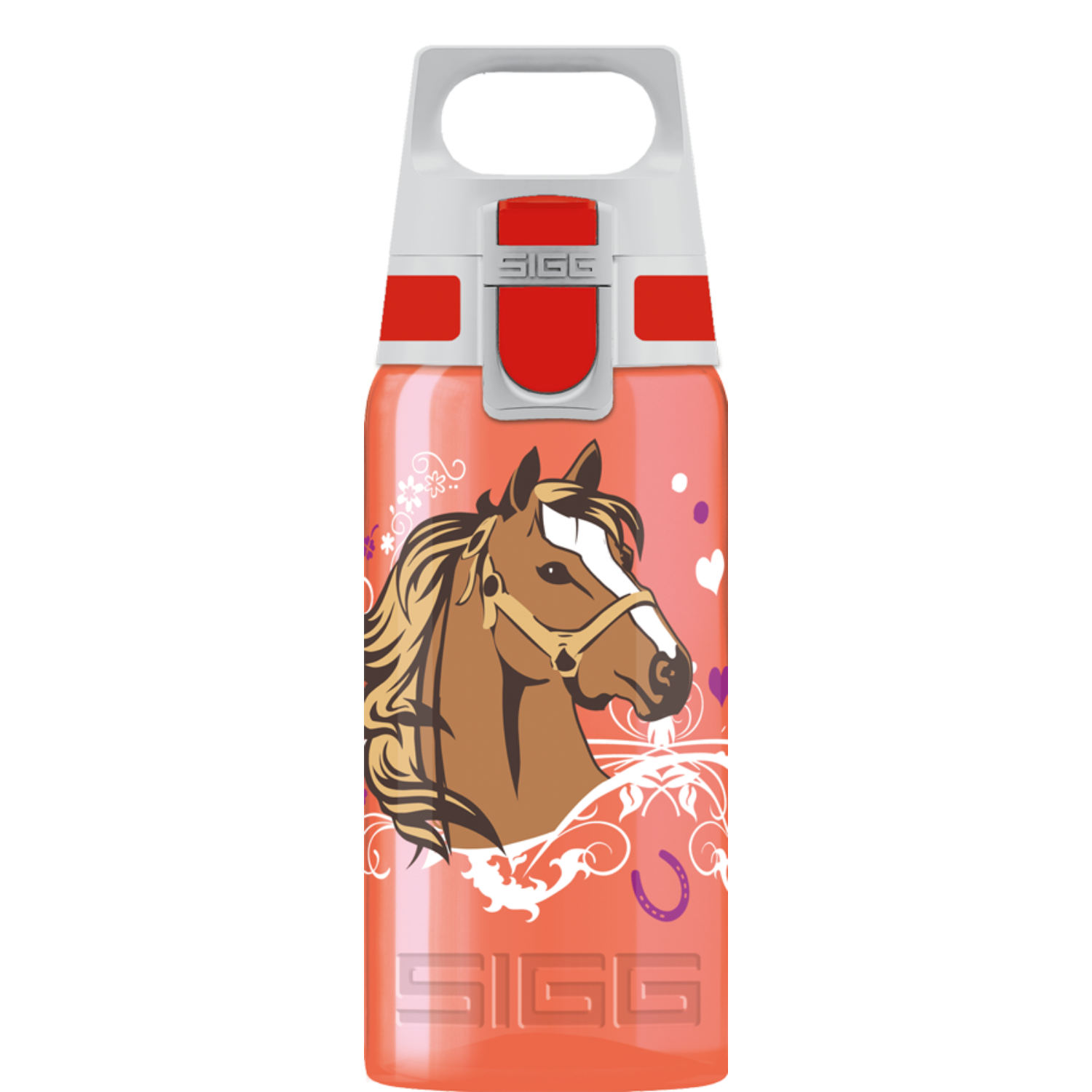 Rosa Wasserflasche mit Pferdedesign. Weißer Griff und Deckel.