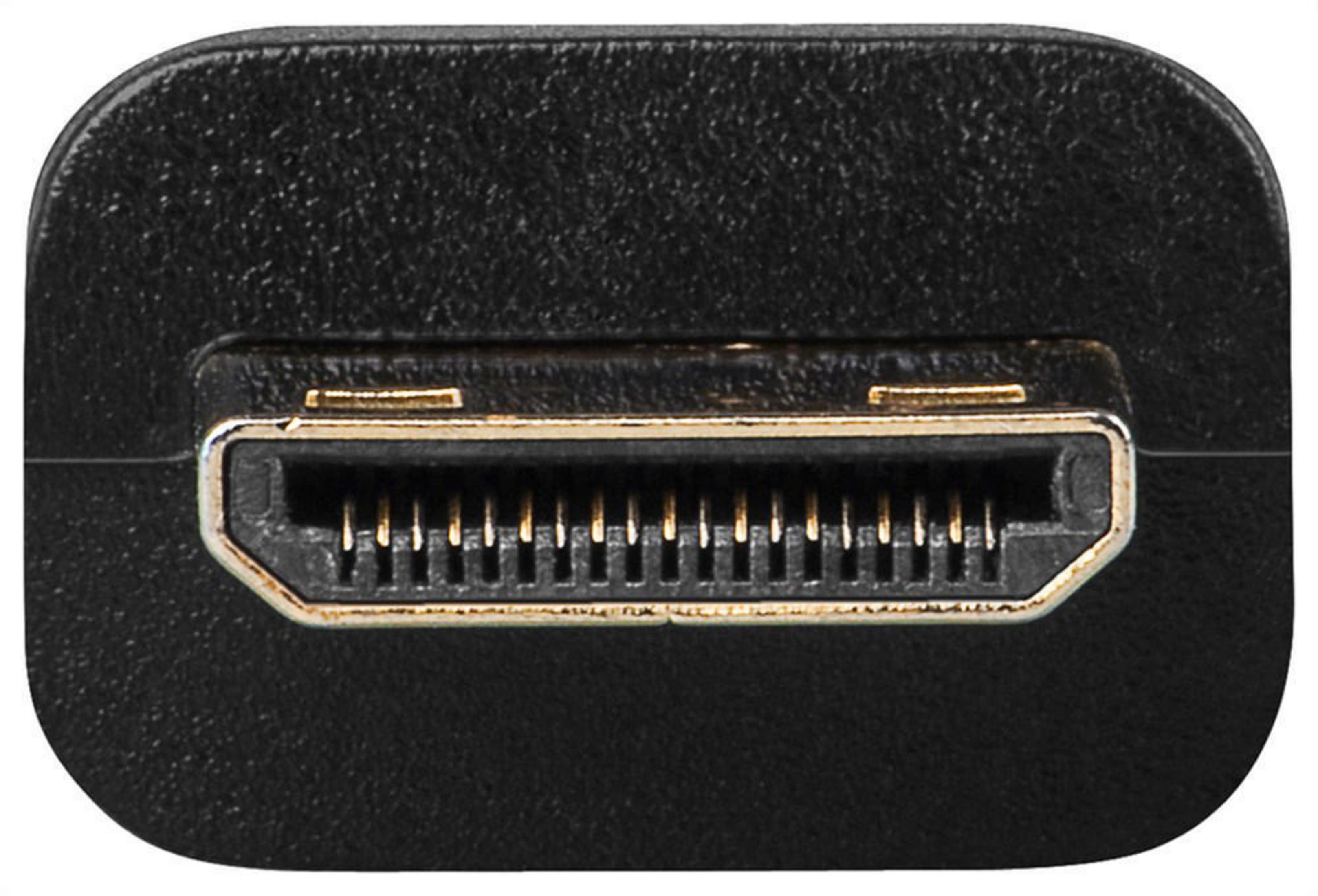 Primo piano di una porta HDMI su un dispositivo nero, che mostra i pin interni del connettore.