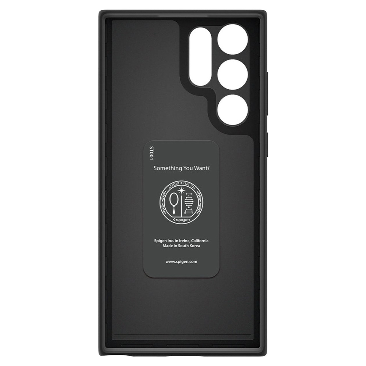 Custodia nera per telefono con ritagli per fotocamera. Logo e testo Spigen visibili all'interno.