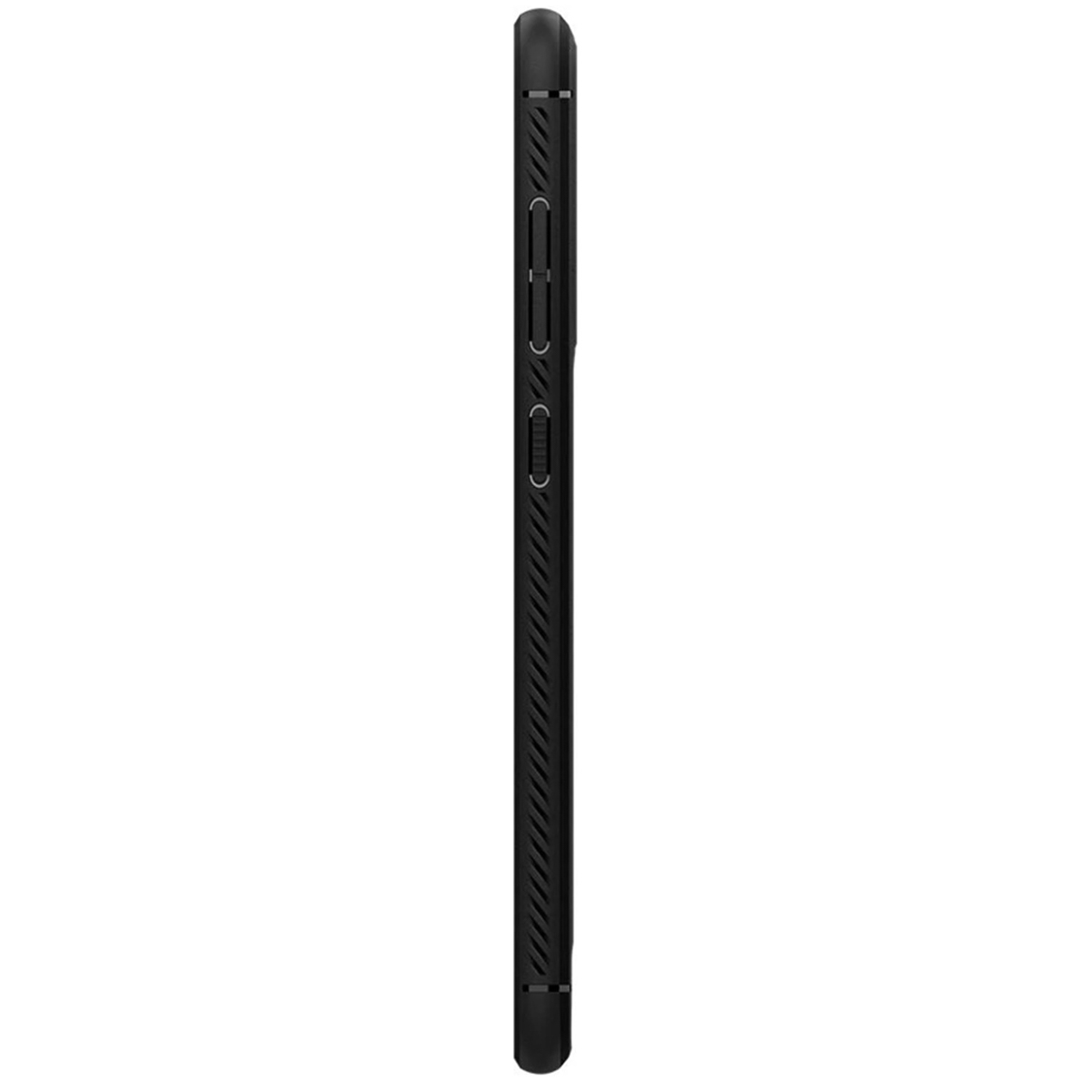 Zijaanzicht van de telefoon. De telefoon is zwart, met knoppen en textuur.