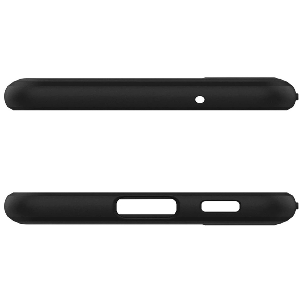 Onderkant van zwarte telefoon. Gat voor microfoon en oplaadpoort.
