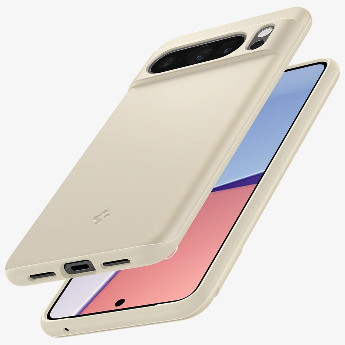 Coque de téléphone beige avec un téléphone à l'intérieur. La coque est ouverte.