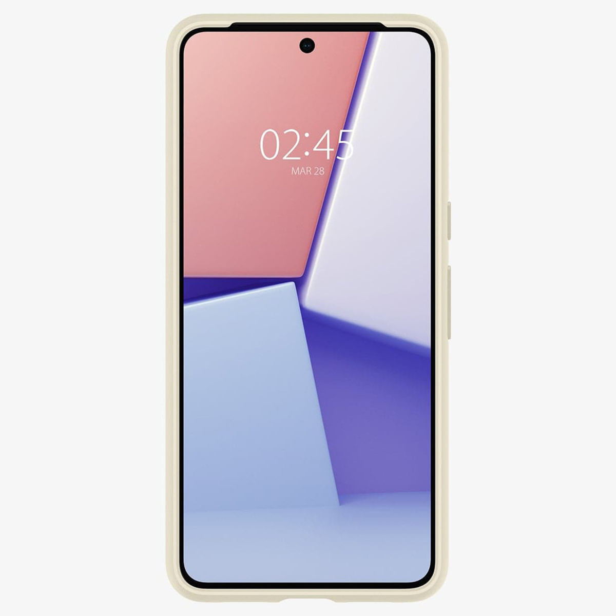 Téléphone dans l'étui affiche l'heure. Fond géométrique rose, blanc et bleu.