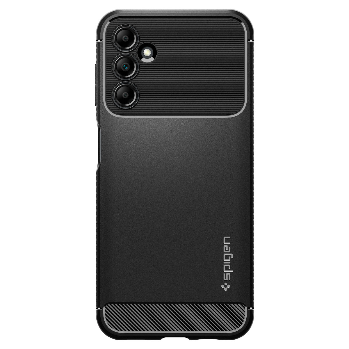 Custodia nera per telefono con logo Spigen. Include fotocamera e retro strutturato.