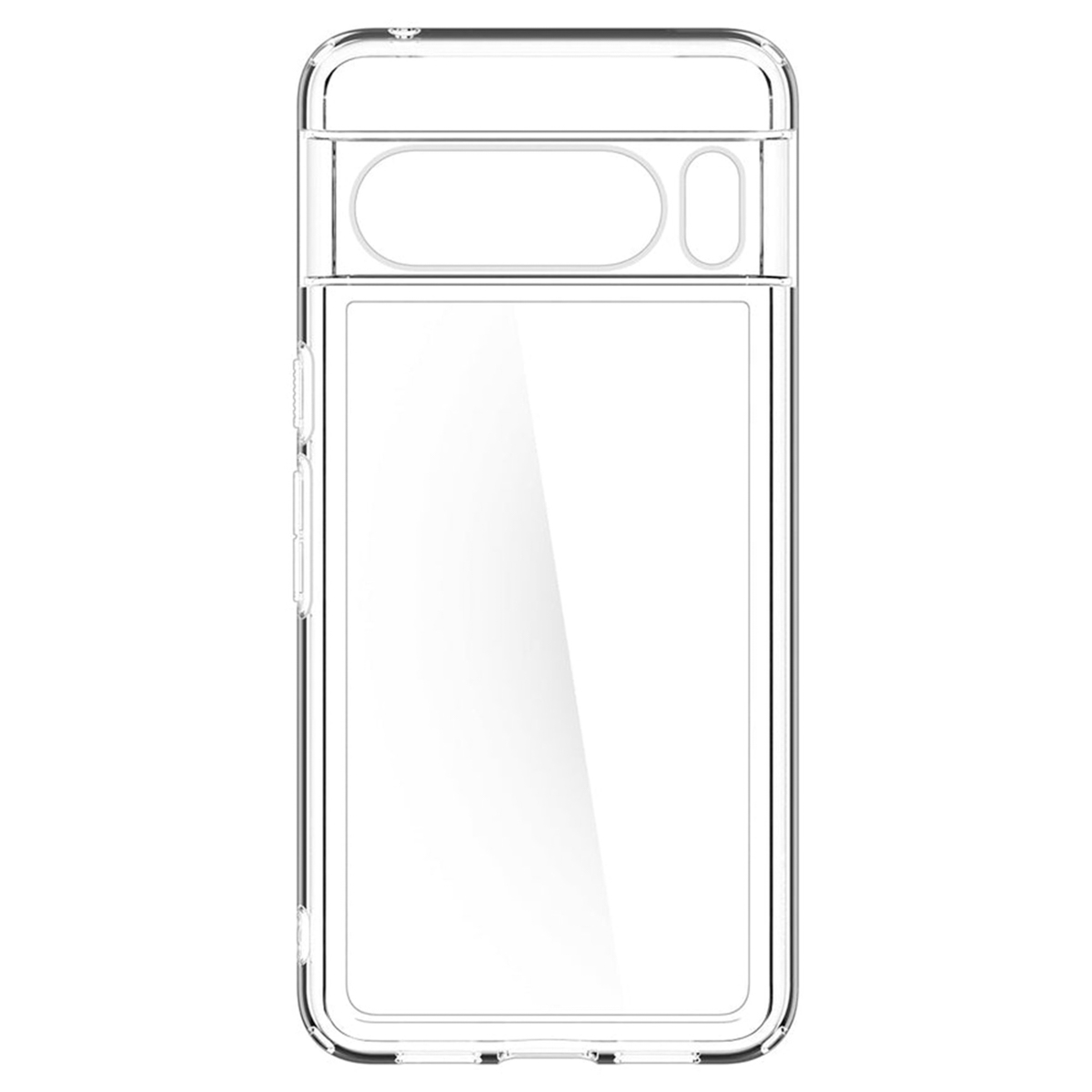 Transparant telefoonhoesje, bovenaanzicht, met camera- en knopuitsparingen, witte achtergrond.