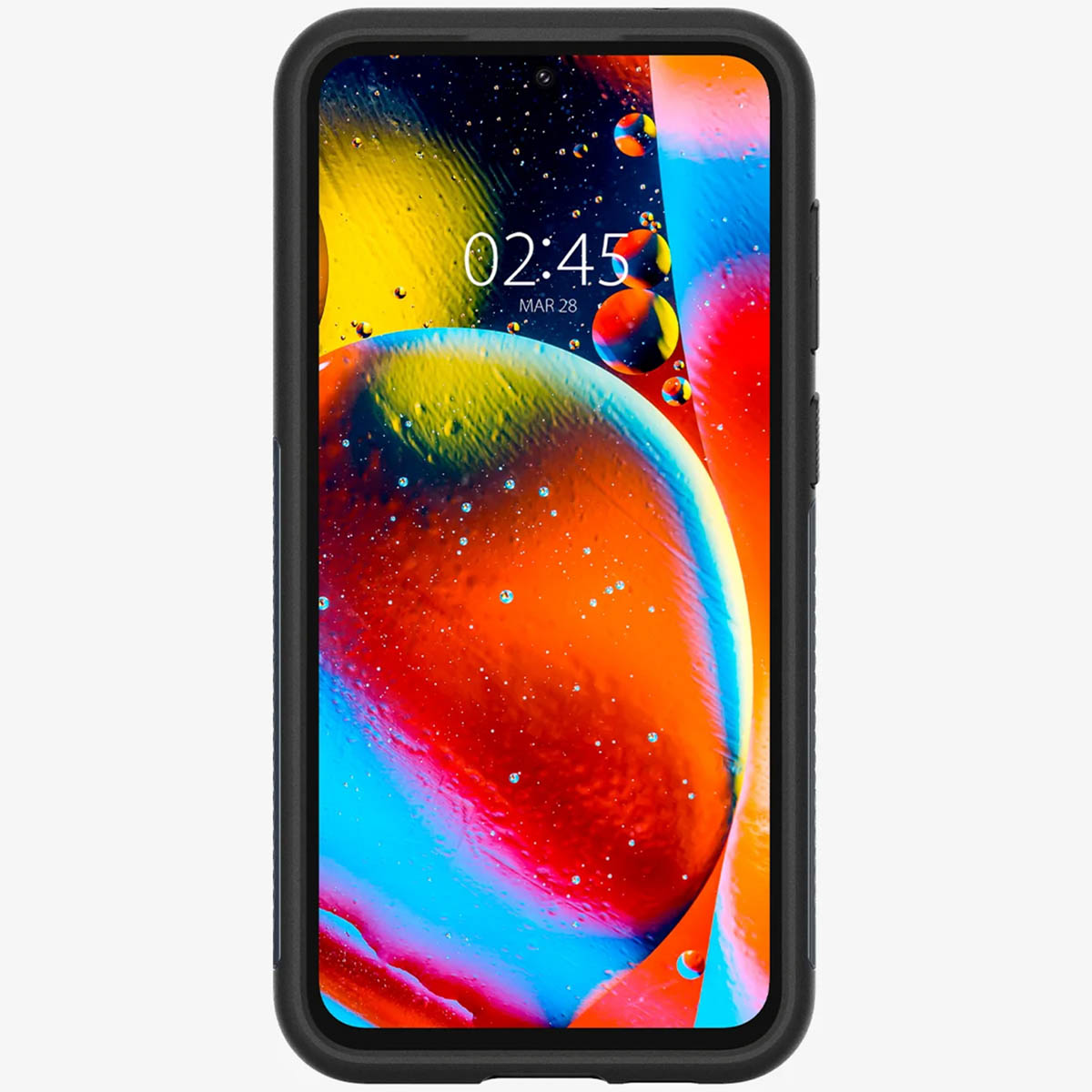 Schermo del telefono mostra un design astratto colorato con l'ora 02:45 e la data 28 MAR. Telefono in una custodia nera.