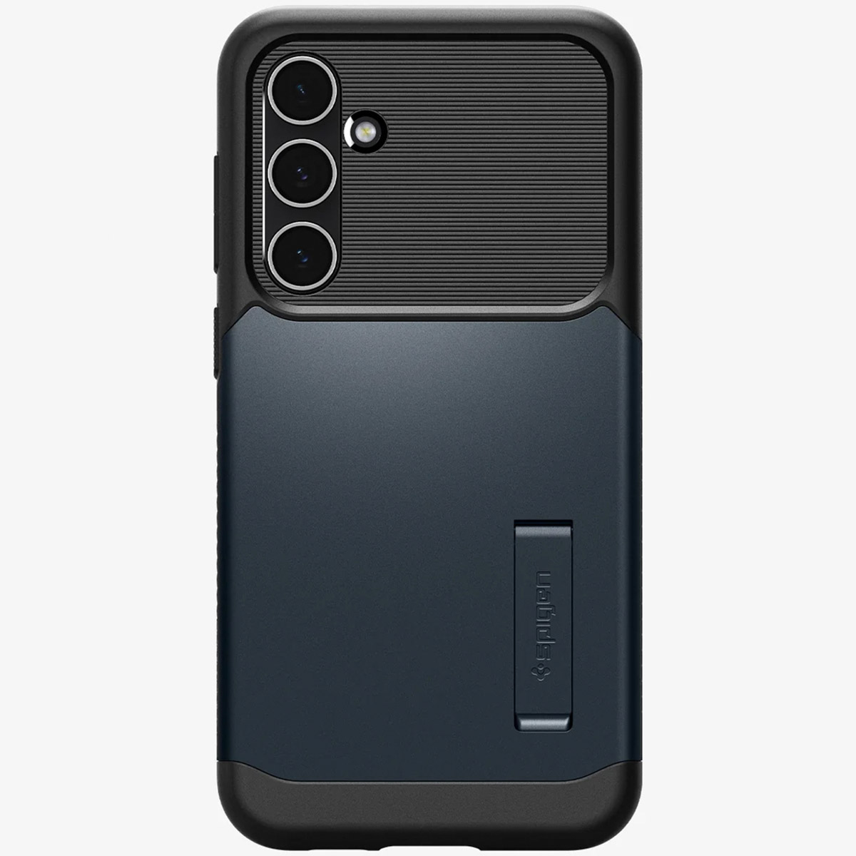 Custodia per telefono nera e blu con tre obiettivi della fotocamera. Un supporto è visibile sul retro.