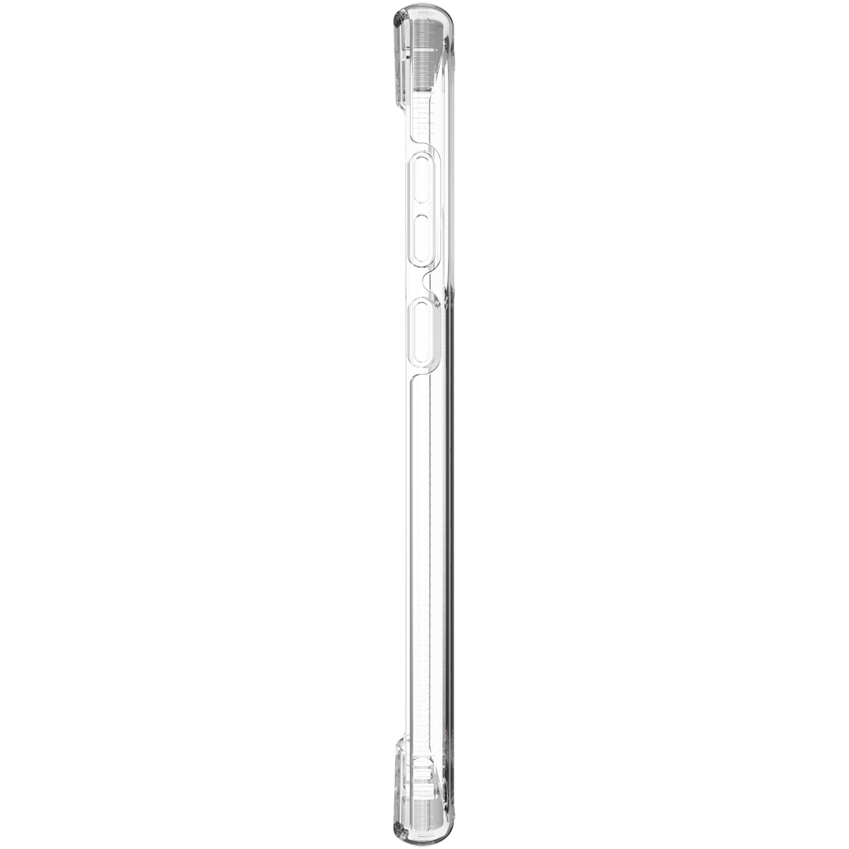 Klare Handyhülle Seitenansicht. Klares Plastik, Knöpfe sichtbar, weißer Hintergrund.