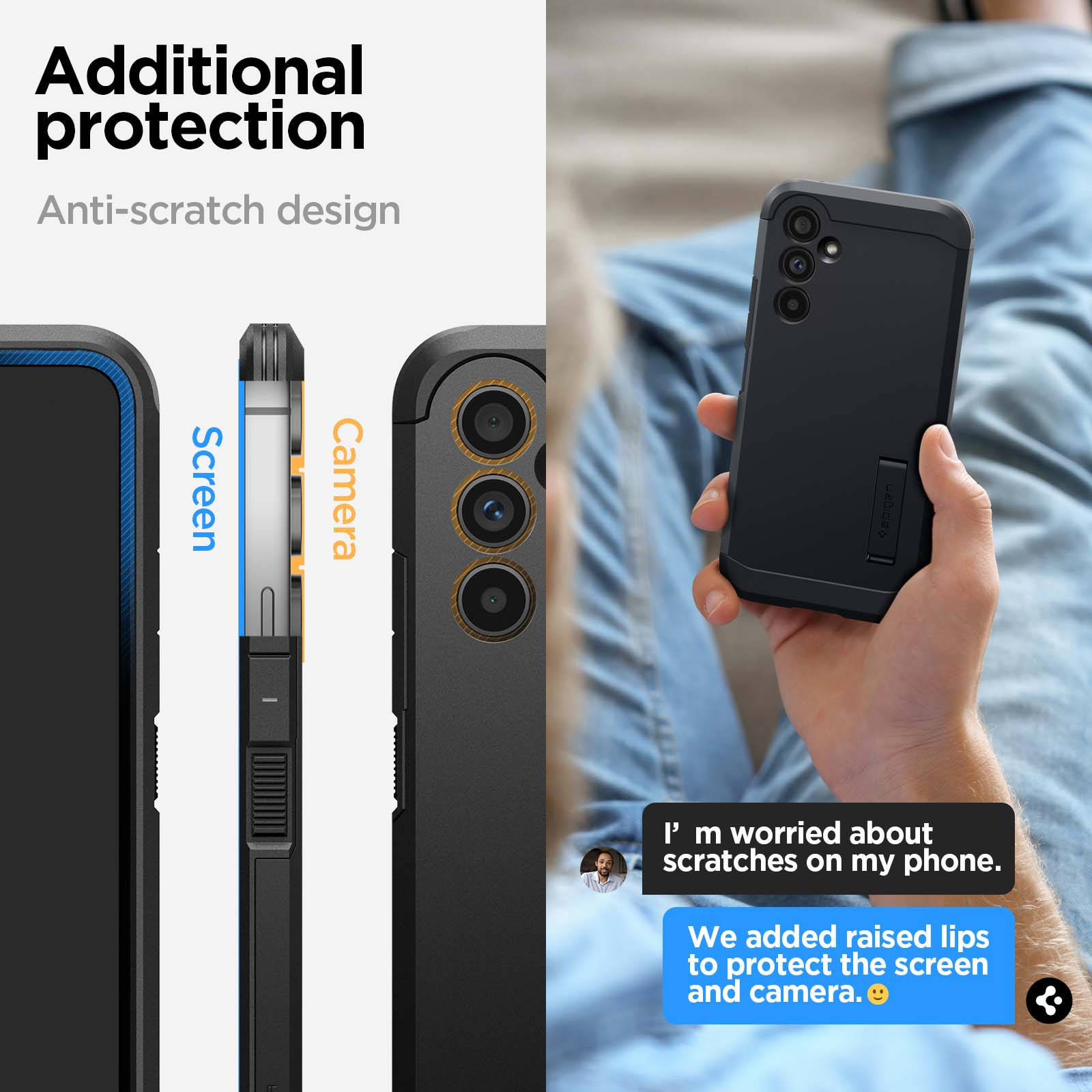 Una custodia per telefono in mano con un telefono. Il testo mostra le caratteristiche di protezione. Fumetto blu.