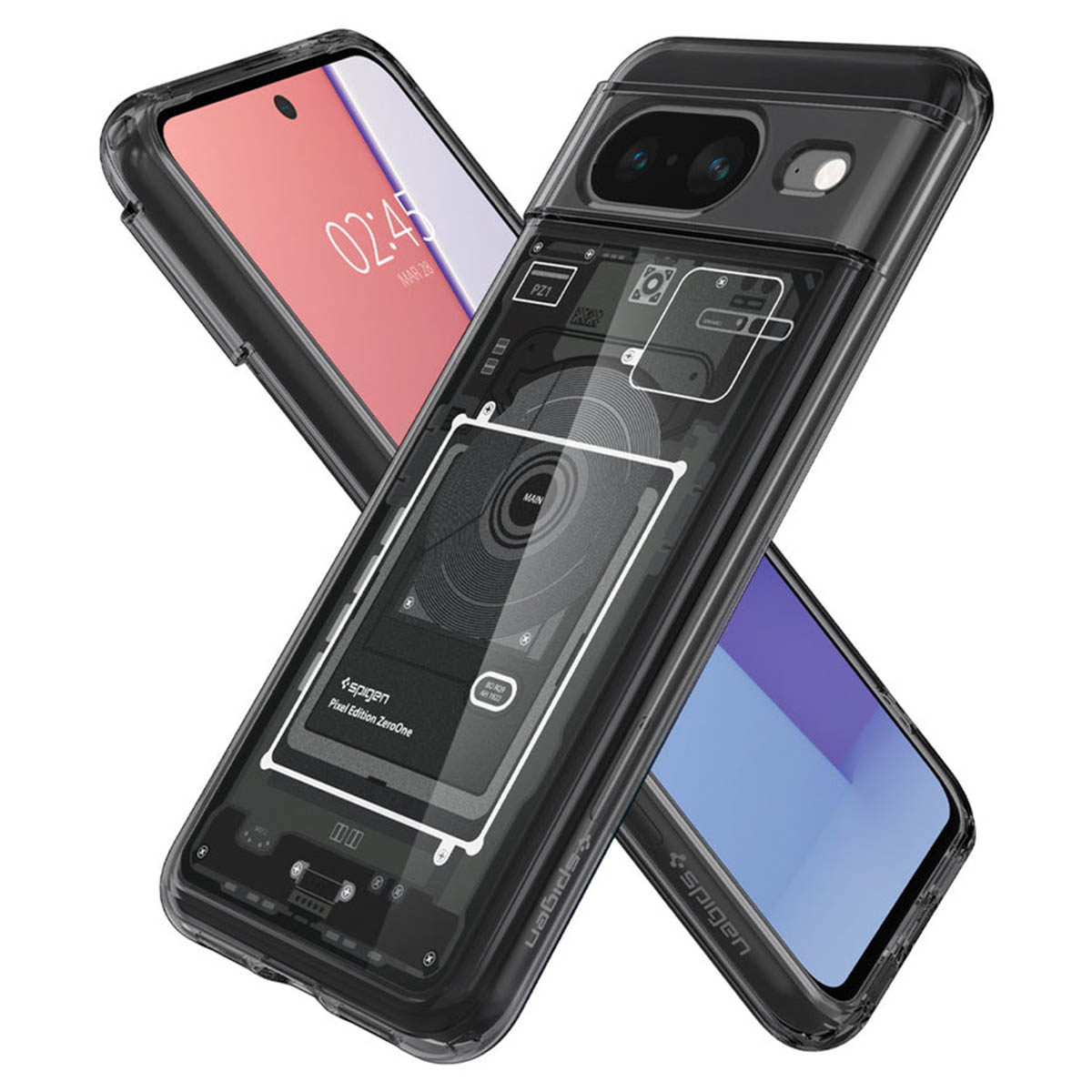 Due telefoni con custodie trasparenti. Uno mostra i componenti interni, l'altro schermo blu.