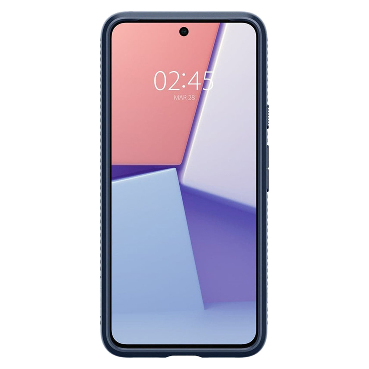 Telefono con custodia blu. Lo schermo mostra ora, data e un design geometrico.