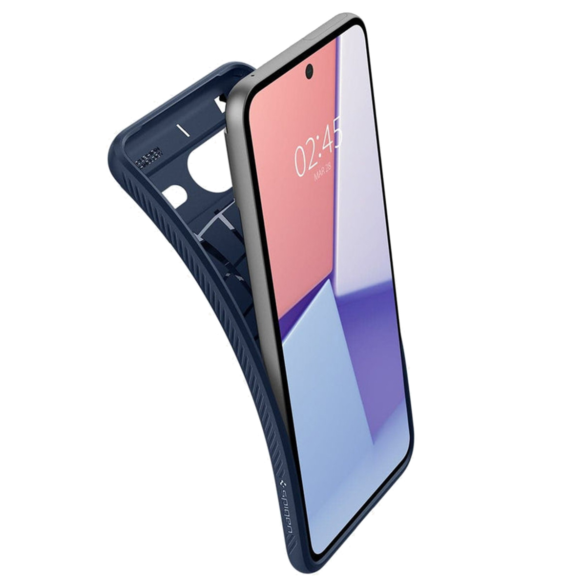 Custodia blu per telefono e telefono, vista angolata, che mostra l'ora. Sfondo bianco.