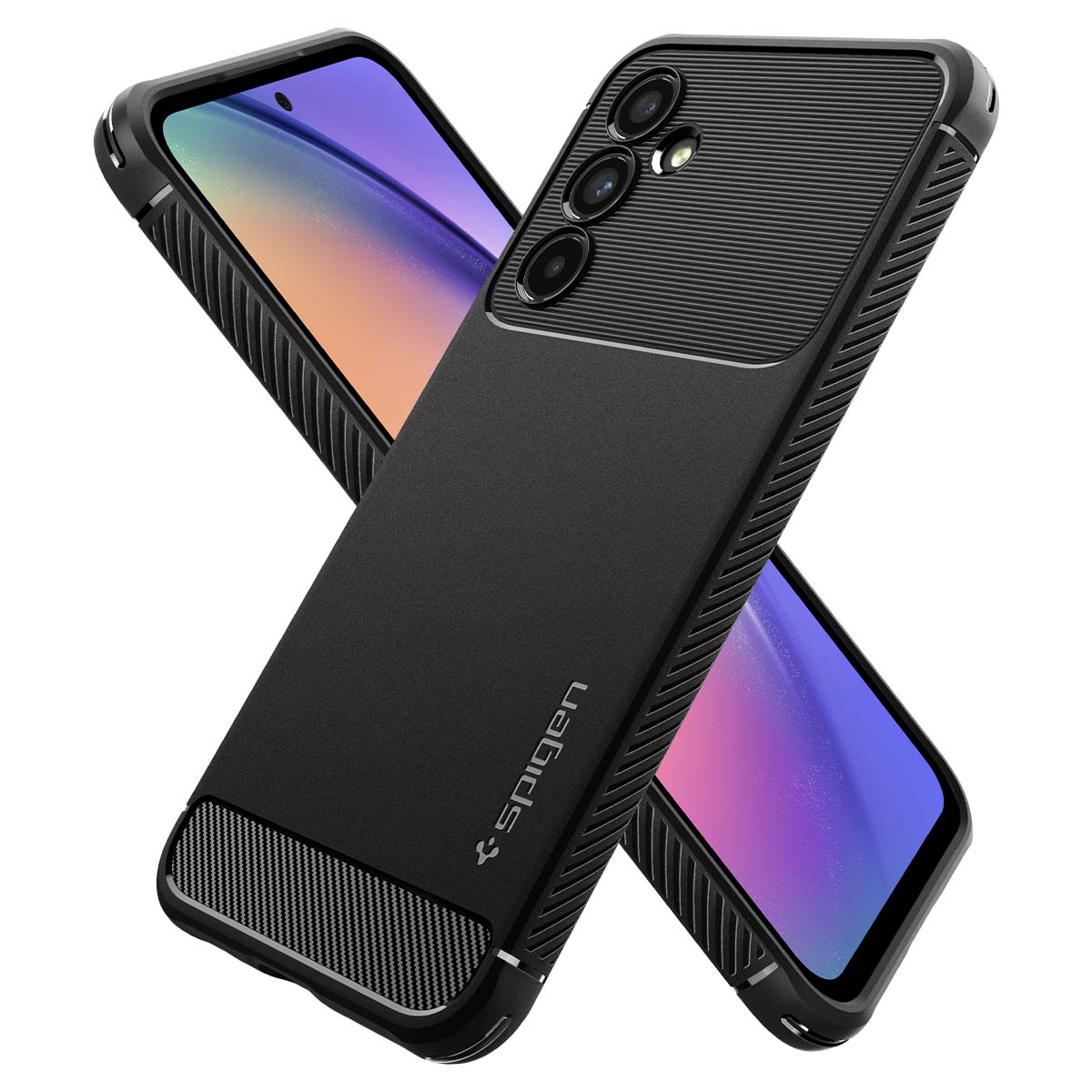 Custodie nere per telefono con un telefono, due custodie si incrociano. Le custodie hanno delle fotocamere.